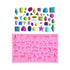 A pink silicone mold designed for creating gemstone shapes, featuring a variety of molds shaped like stars, hearts, diamonds, and other geometric figures. Above the mold is an assortment of colorful, jewel-shaped objects in various sizes and designs, showcasing different shapes such as teardrops, rectangles, and ovals. The overall arrangement is vibrant and decorative, illustrating the versatility of the mold for crafting.