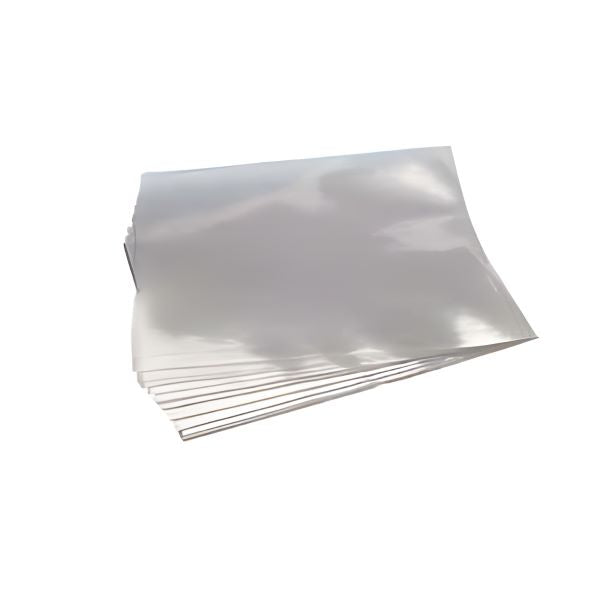 A stack of clear, glossy plastic sheets is arranged neatly. Each sheet appears to be a thin, flexible material, suitable for protecting documents or musical scores. The dimensions are approximately 60x40 cm, and the sheets are labeled as having a thickness of 100 microns.