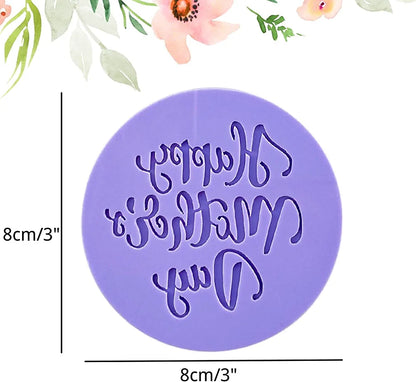 The image features a circular purple fondant embosser cookie stamp with the engraved text "Happy Mother&