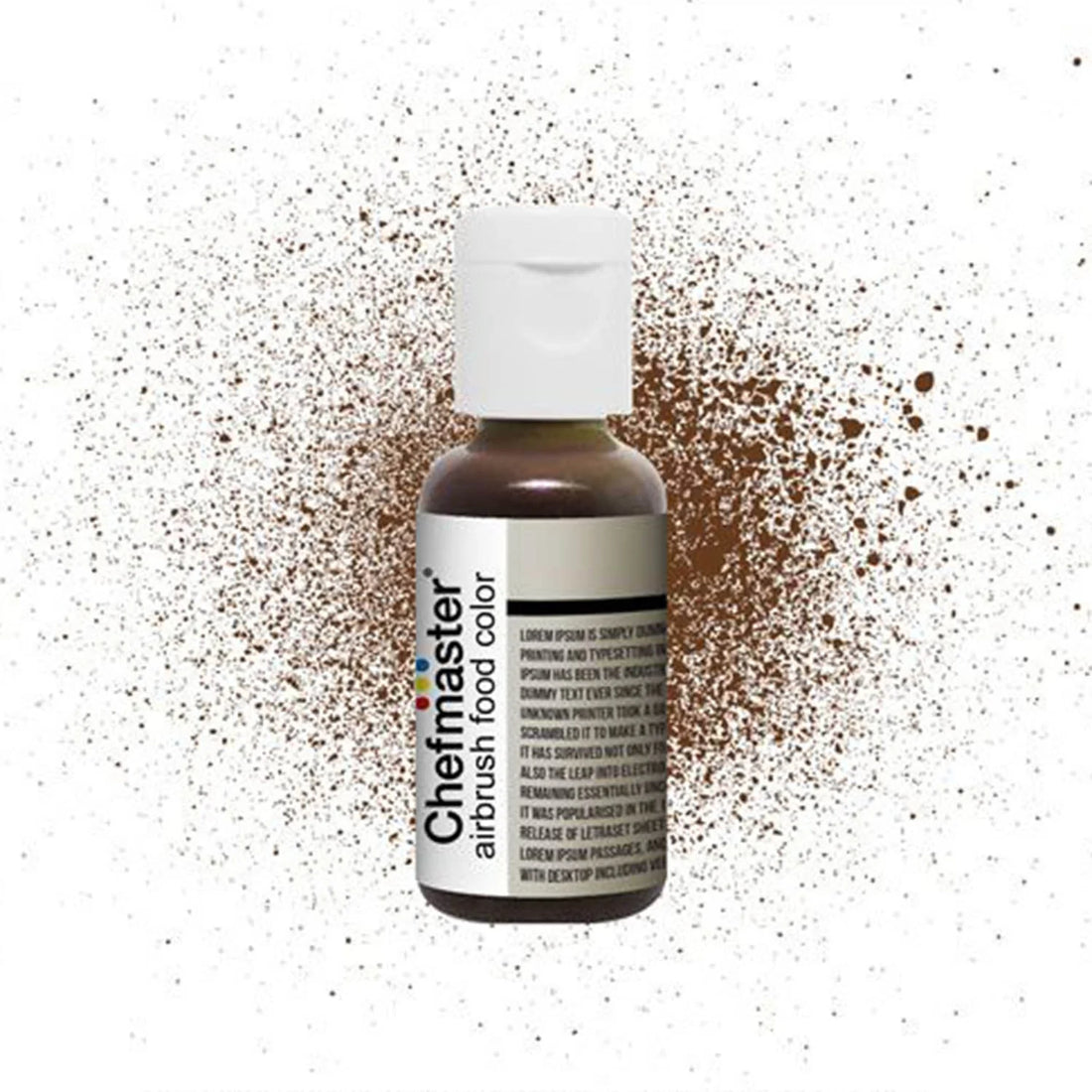 A bottle of Chefmaster airbrush food color in Harvest Brown (20g). The bottle is brown with a white lid and features a colorful logo and text on the label. Brown splatter graphics are seen in the background, adding a creative touch.