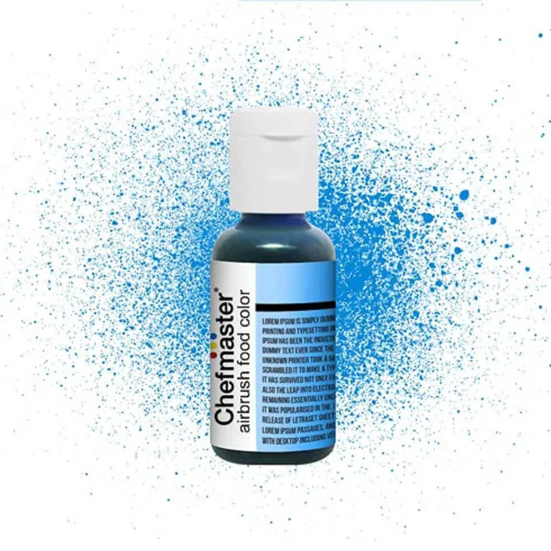 An airbrush food color bottle labeled &quot;Chefmaster Airbrush Food Color&quot; in Hawaiian Blue, 20g. The bottle features a white cap and a label with a blue stripe and text that describes the product. The background has a spray of blue splatter, enhancing the appearance of the color.