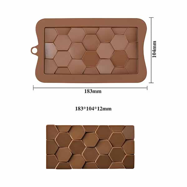An image featuring a hexagon bar-shaped chocolate silicone mold. The mold is brown and rectangular, measuring 183mm in width and 104mm in height. It has a pattern of hexagonal cavities arranged in a grid. The mold is displayed from the top, with dimensions indicated alongside it. Below the mold, a flat depiction of the completed chocolate bar shows the same hexagonal design.