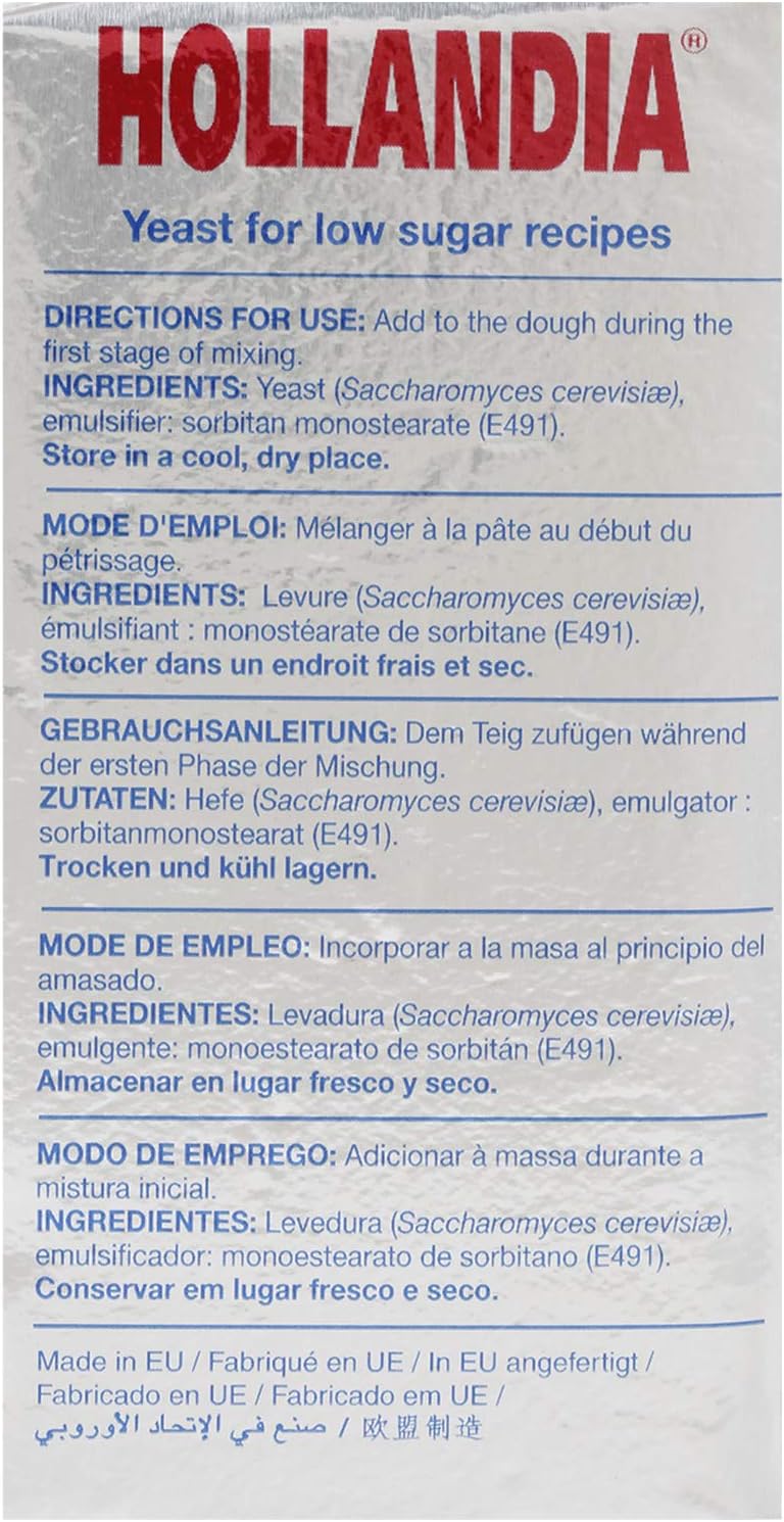 A package labeled "HOLLANDIA" at the top, contains multilingual instructions for using yeast in low-sugar recipes. It describes adding yeast during the initial dough mixing stage, lists ingredients in English, French, German, Spanish, and Portuguese, and advises storage in a cool, dry place. The tone is informative and instructional.