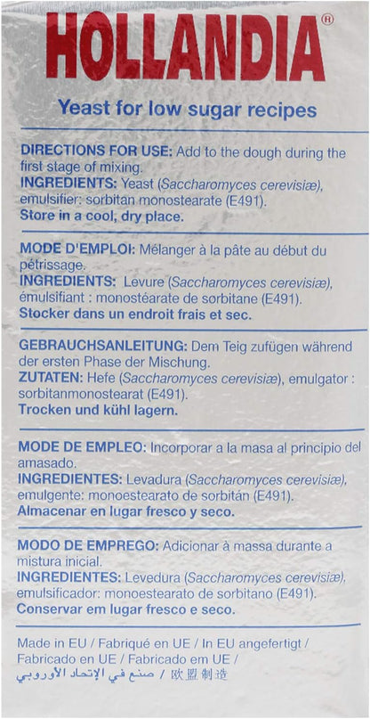 A package labeled "HOLLANDIA" at the top, contains multilingual instructions for using yeast in low-sugar recipes. It describes adding yeast during the initial dough mixing stage, lists ingredients in English, French, German, Spanish, and Portuguese, and advises storage in a cool, dry place. The tone is informative and instructional.