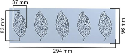 A hollow leaf silicone mold features five intricately designed leaf shapes arranged in a row. The mold dimensions are labeled, measuring 294 mm in length and 96 mm in height, with individual leaves approximately 83 mm tall and 37 mm wide. The material is flexible and has a light color.
