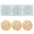 The image features a silicone mold designed to create hollow tree leaf shapes. The mold is a pale color and contains three circular sections, each intricately detailed with a leaf pattern. Below the mold, there are three orange silicone pieces that have been shaped by the mold, showcasing the same leaf design. The overall presentation highlights the creative possibilities of the product for baking or crafting purposes.