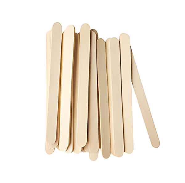 A pile of light wooden ice cream sticks, displaying various lengths and slightly overlapping. The sticks are smooth and have rounded ends, and there are approximately 50 sticks in this arrangement.