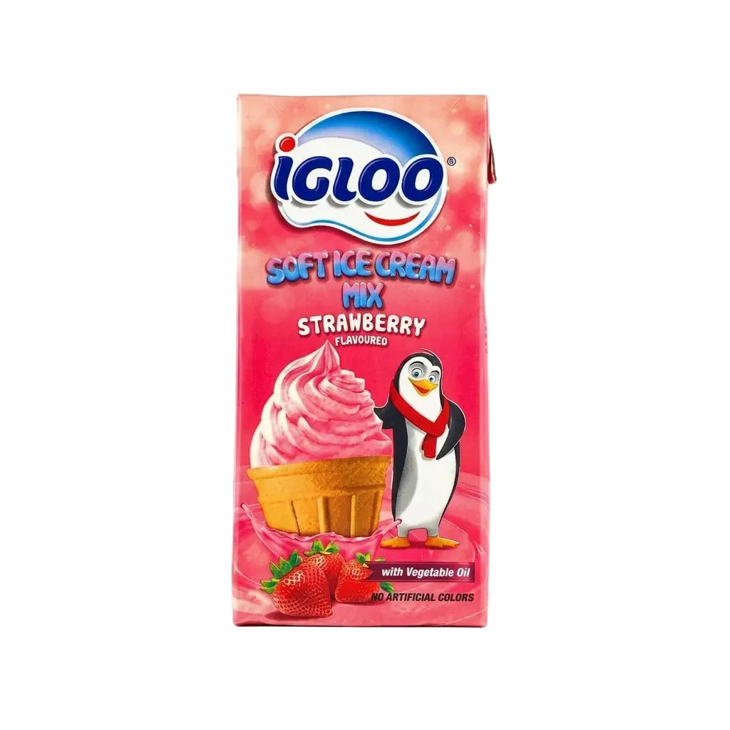 A carton of Igloo Soft Ice Cream Mix Strawberry, featuring a pink design with a penguin wearing a red scarf and an ice cream cupcake illustration.