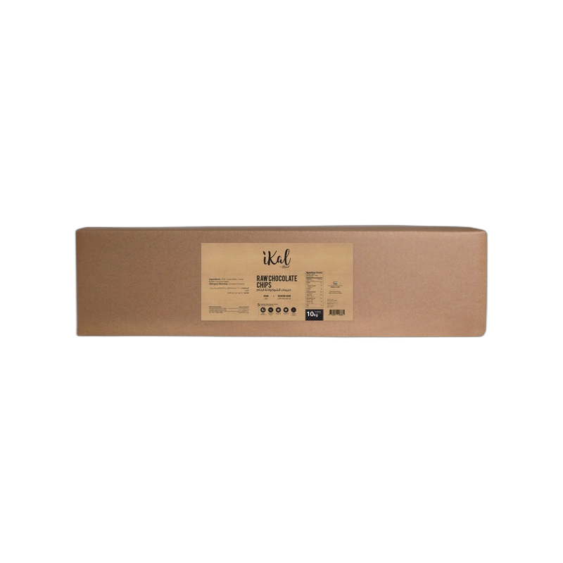 A long, rectangular brown box with a beige label displaying the brand "iKal" and the text "Raw Chocolate Chips." Set against a black background.