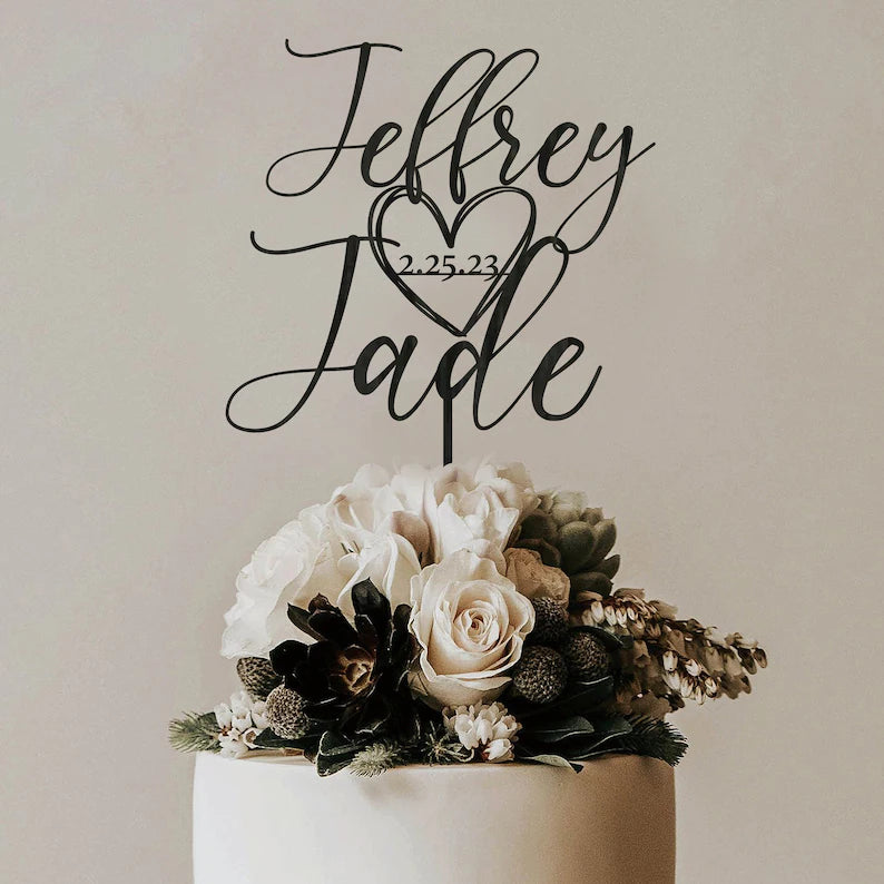 Personalized Wedding Acrylic Cake Topper with Date and Heart