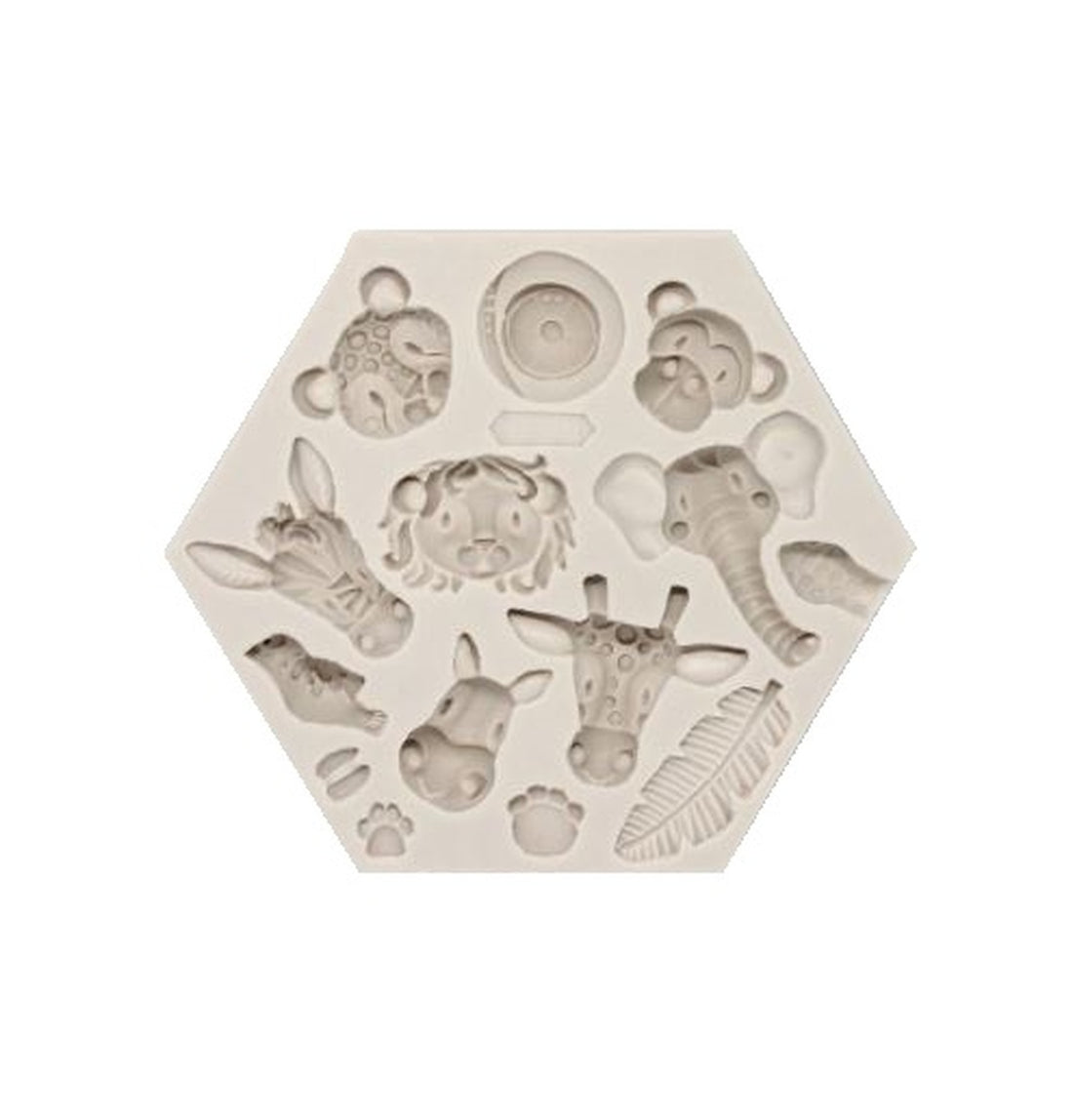 An image of a hexagonal silicone mold featuring various jungle animal faces. The mold includes detailed impressions of a giraffe, elephant, lion, monkey, and bird, along with animal paw prints and a leaf design. The mold is a light beige color and has raised features for each animal, making it suitable for crafting or baking purposes.