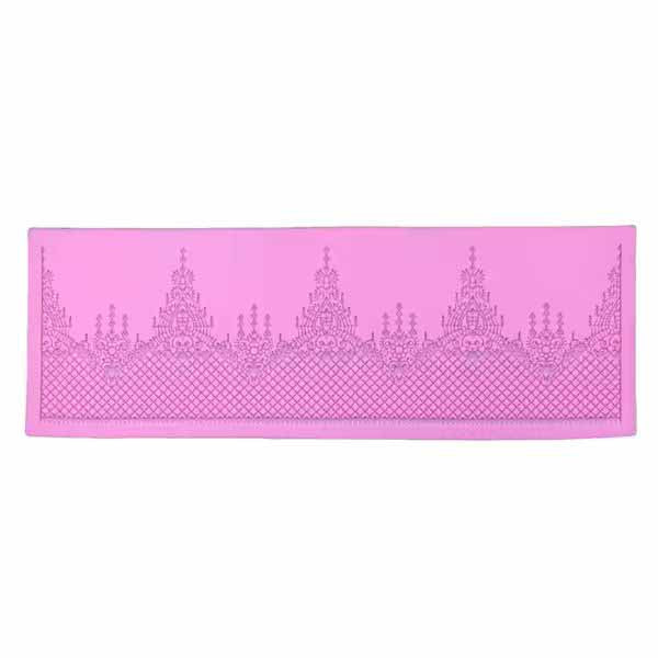 A pink silicone lace mat with an embossed flower pattern. The design features intricate lace-like details, including floral motifs and a diamond mesh pattern, creating a decorative border along the length of the mat.