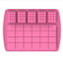 A pink silicone mold designed for making chocolate bars. The mold features several cavities, including a large rectangular section with multiple smaller square compartments at the bottom and three smaller rectangular compartments at the top. The overall design allows for the creation of both large and mini chocolate bars.