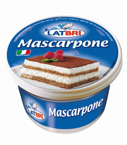 Container of Lat Bri mascarpone cheese with an image of tiramisu topped with raspberries and mint. The Italian flag signifies product origin.