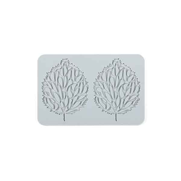 The image features a silicone mold designed to create 3D flower shapes with round leaves. The mold is rectangular and light gray in color, showcasing two intricately detailed leaf shapes. Each leaf is adorned with a variety of raised, smaller leaf patterns, enhancing the 3D effect. The edges of the mold are smooth and rounded.