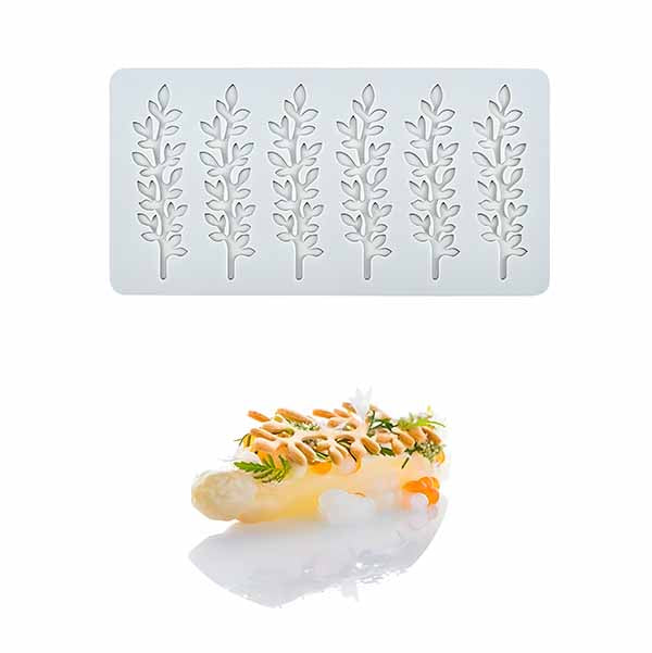 A silicone mold with six leaf stem designs displayed alongside a beautifully plated dish, emphasizing the mold&