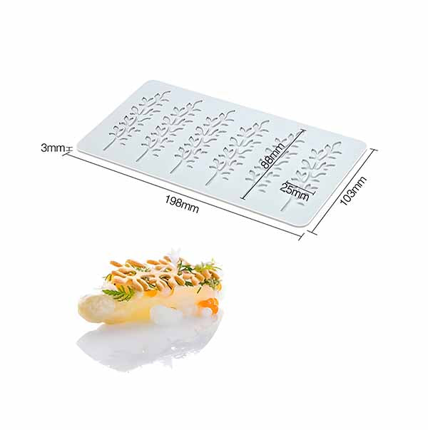 A silicone mold with precise dimensions of 198 mm x 103 mm x 3 mm, featuring six leaf stem cavities. The image also includes a plated dish garnished with a delicate edible leaf stem design, highlighting the mold&