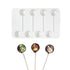 A white silicone mold for making lollipop balls, featuring six circular cavities with sticks attached. Below the mold, there are three lollipop balls on sticks, each showcasing different colorful designs resembling gemstones.
