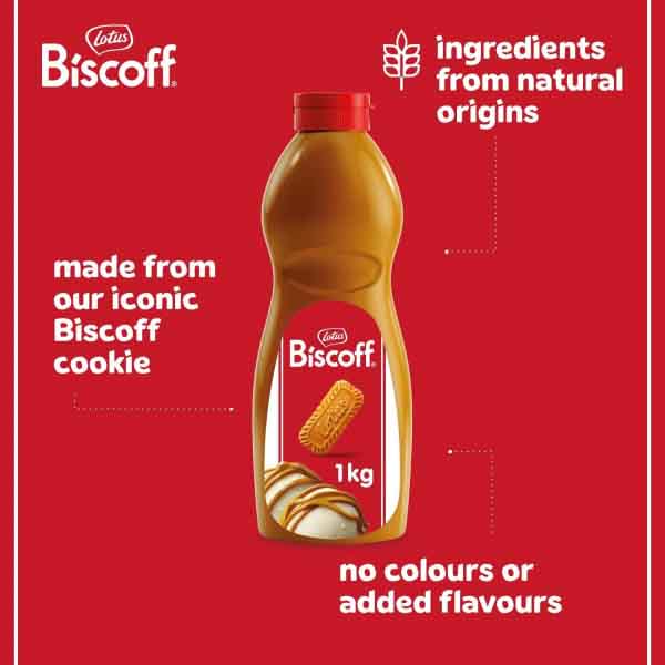 Lotus Biscoff spread, 1kg bottle, made from iconic Biscoff cookies with natural ingredients and no added colors or flavors, available at Cake Craft UAE.