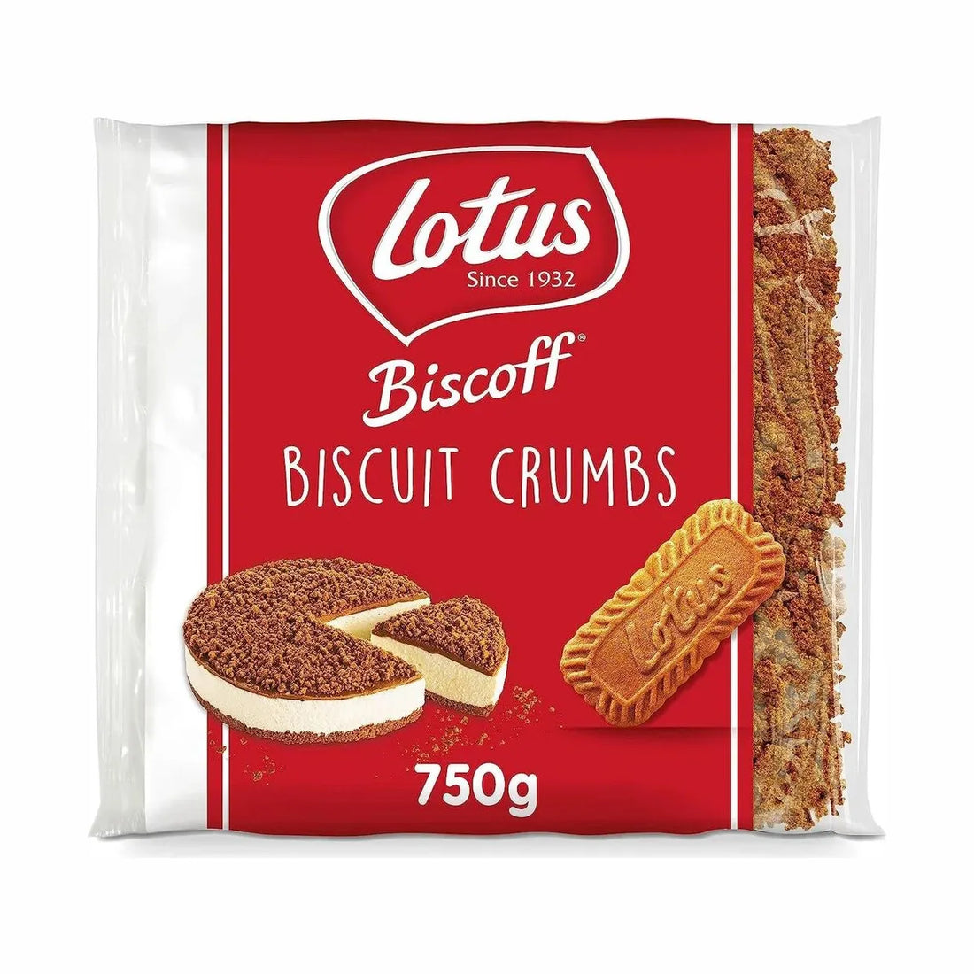 Packaging of Lotus Biscoff Biscuit Crumbs showing the brand logo, product name, weight of 750g, and images of the crumbled biscuits and a whole biscuit.