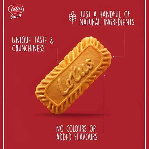 Lotus Biscoff cookie with text highlighting its unique taste, crunchiness, natural ingredients, and absence of colors or added flavors, available at Cake Craft UAE.