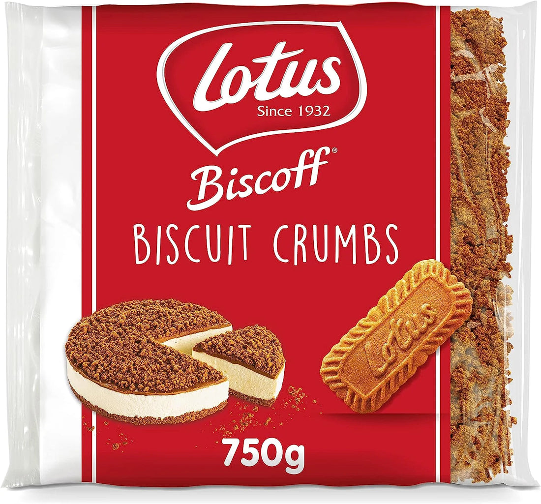 Packaging of Lotus Biscoff Biscuit Crumbs showing the brand logo, product name, weight of 750g, and images of the crumbled biscuits and a whole biscuit.