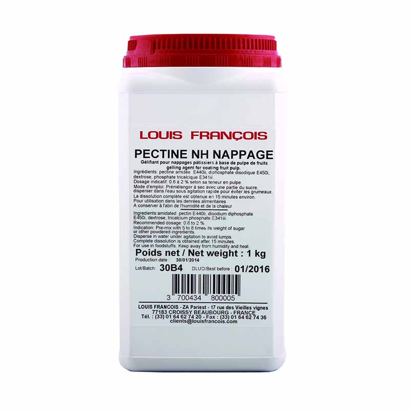 White container labeled "Louis Francois Pectin NH Nappage" with red cap. Text includes usage instructions, ingredients, and net weight of 1 kg.