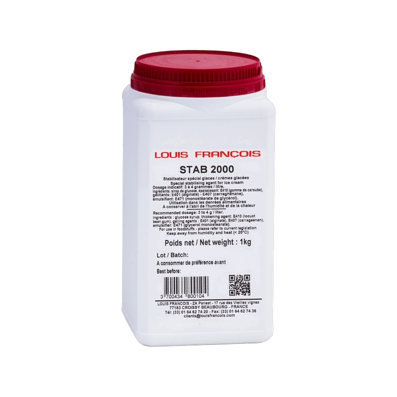 White container with a red lid on a black background, featuring text "Louis Francois STAB 2000." It specifies usage as an ice cream stabilizer and weighs 1 kg.