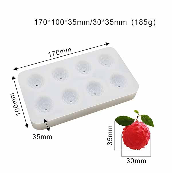 A detailed view of a silicone lychee mold with labeled dimensions of 170 mm x 100 mm x 35 mm and individual cavities measuring 30 mm x 35 mm. The image also includes a fresh lychee for scale and representation of the mold&