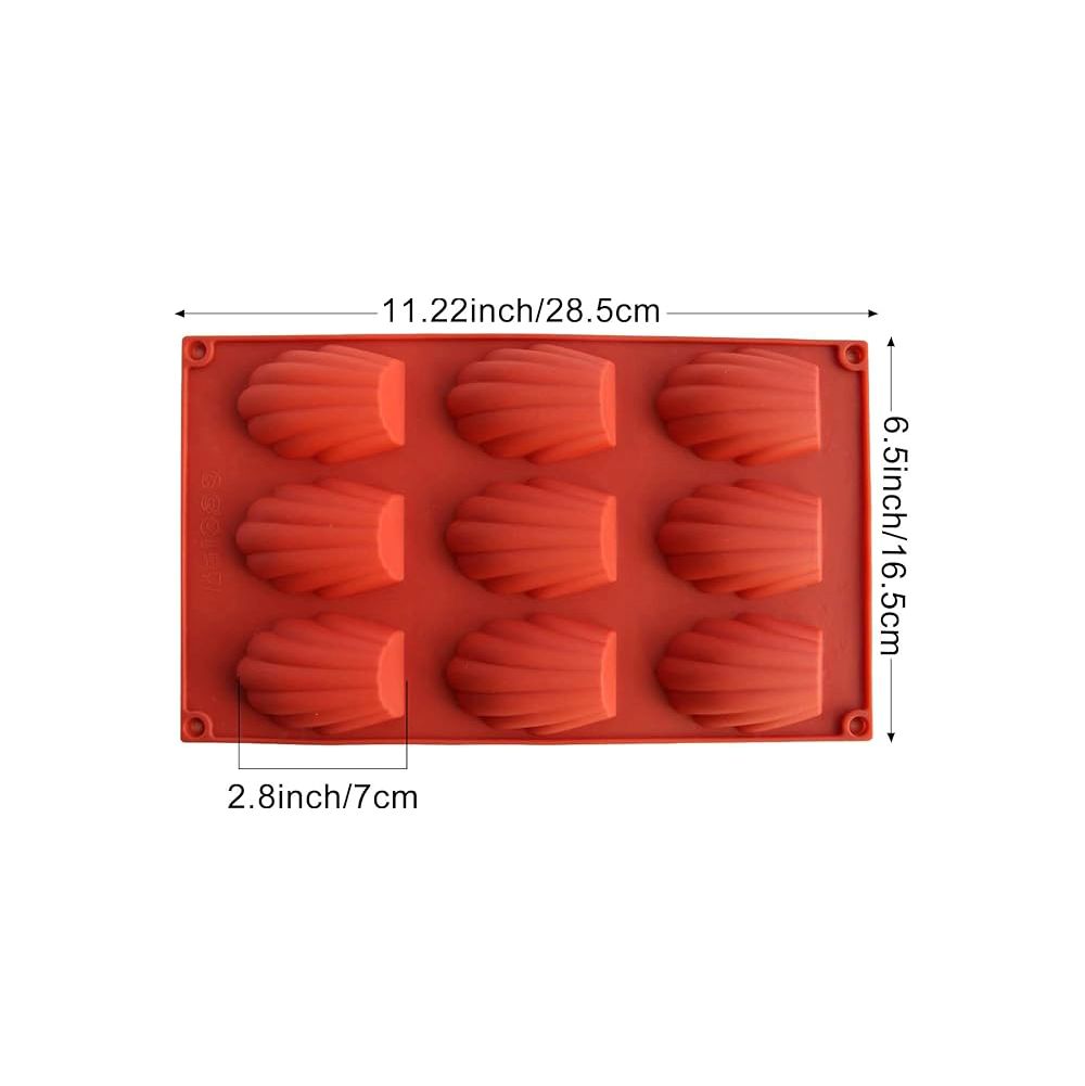 Red silicone mold with nine madeleine shapes, measuring 11.22x6.5 inches, each cavity 2.8 inches. Neat layout evokes a baking-friendly tone.