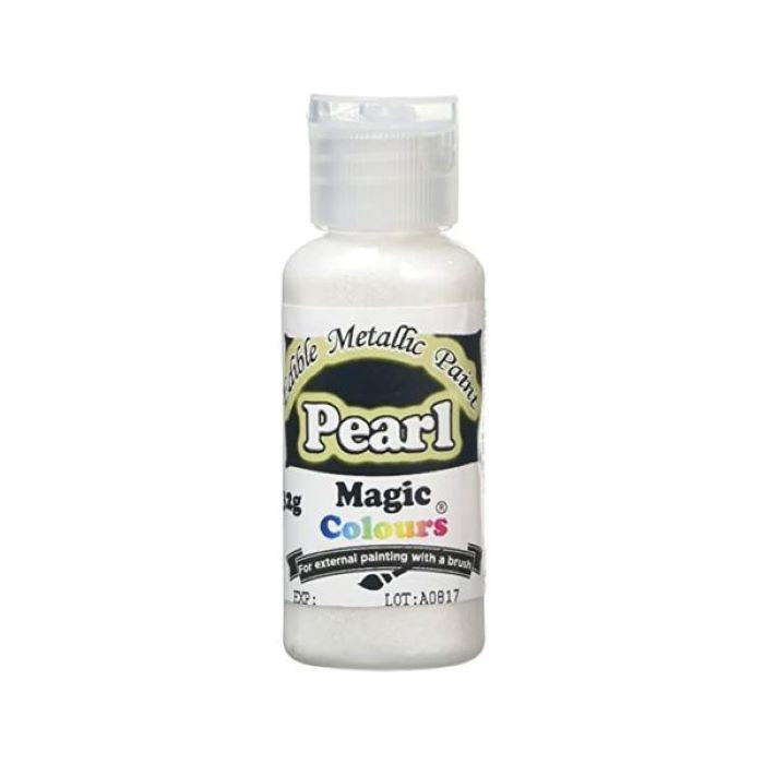 A bottle of &quot;Magic Colours Edible Metallic Paint&quot; labeled &quot;Pearl&quot; weighing 32g. The bottle is white with a flip-top lid and features black and yellow text indicating its brand and usage instructions. It is designed for external painting with a brush.