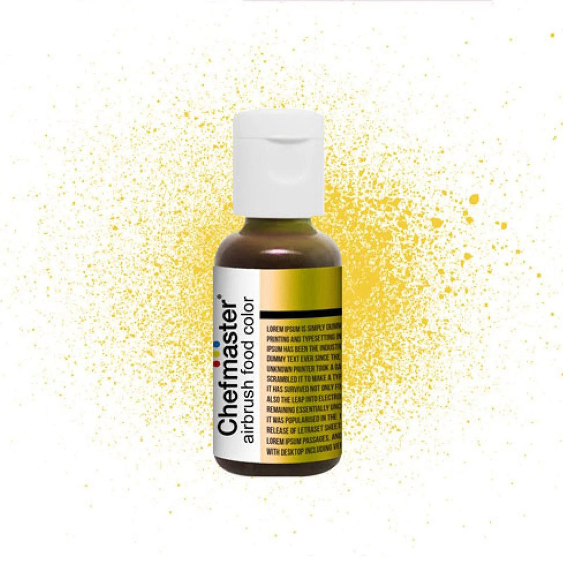 A bottle of Chefmaster airbrush food color in metallic gold. The bottle has a white cap and features a label with the Chefmaster logo and product information. The background is a splash of yellow and gold colors, enhancing the metallic theme of the product.