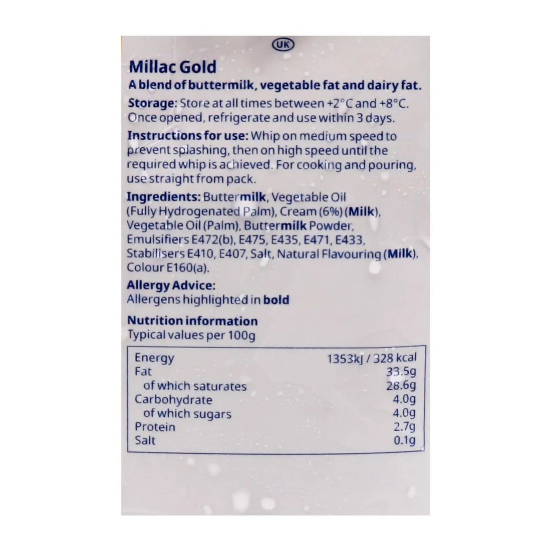 Image of a product label showing nutritional and ingredient information for Millac Gold, a buttermilk blend. Key details include storage instructions, usage directions, and allergen advice. Ingredients list features buttermilk, vegetable oil, and cream, with allergens in bold. Nutrition per 100g: 328 kcal, 33.5g fat, 4.0g carbohydrates, and 2.7g protein.