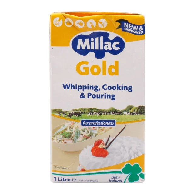 Packaging of Millac Gold, a 1-litre whipping, cooking, and pouring cream. Features a pastoral scene, dishes, and labeled “for professionals.”