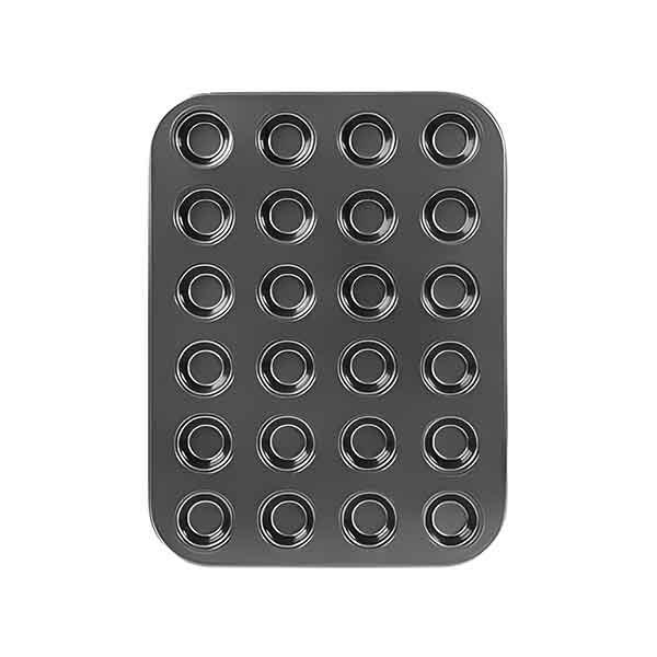 A rectangular mini muffin and cupcake pan with 24 cup slots, featuring a smooth, dark gray non-stick surface. The pan has evenly spaced circular indentations for baking mini muffins or cupcakes, arranged in four rows of six cups each. The edges of the pan are slightly rounded.