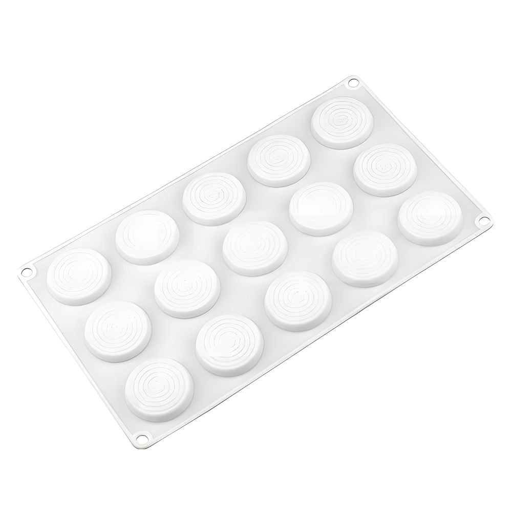 Silicone mold with 15 round cavities, each featuring spiral patterns. The flexible, white tray includes holes at corners, designed for easy hanging.