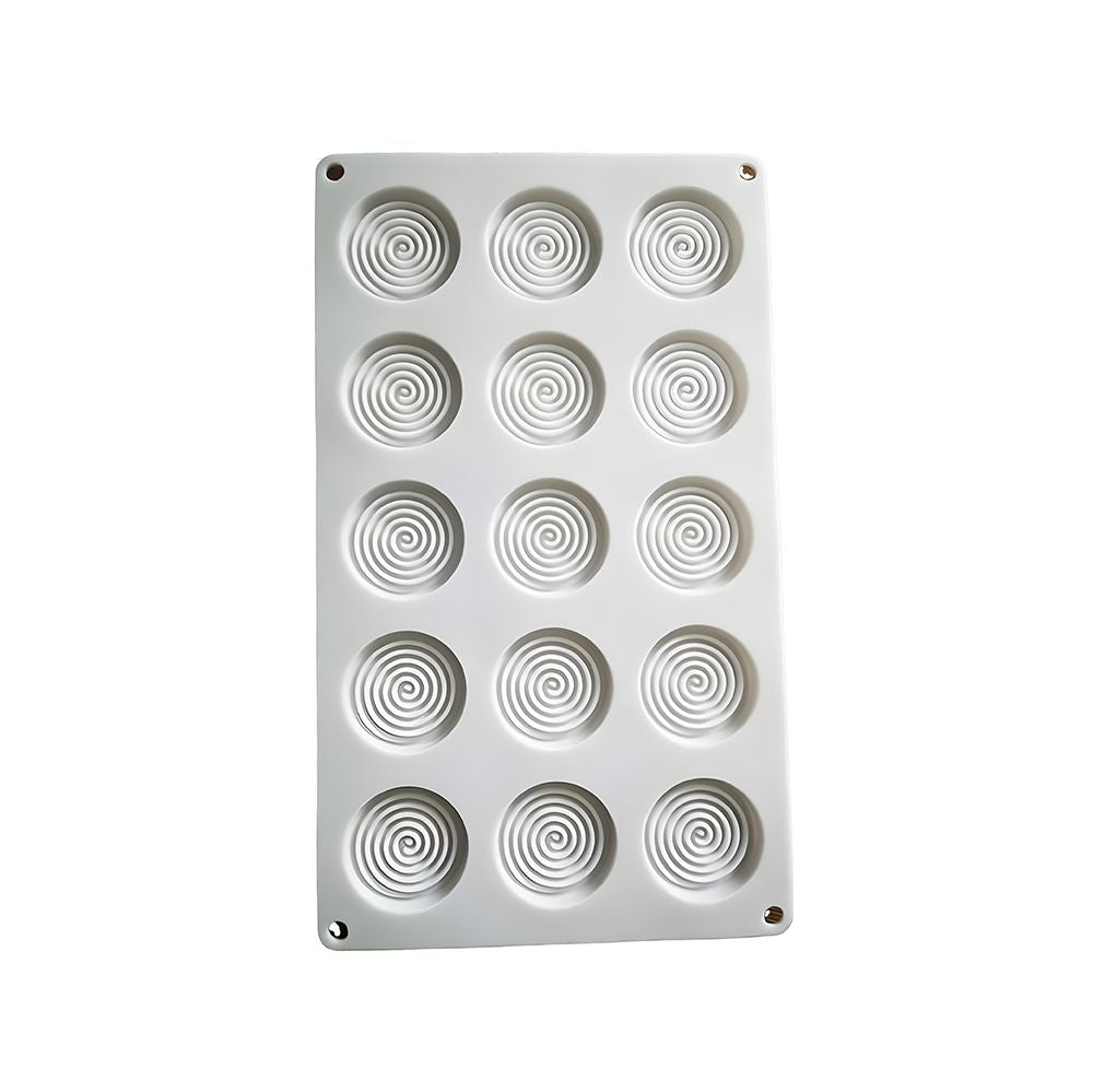 White silicone baking mold with 15 circular spiral cavities, arranged in a 3x5 grid. The design is simple and modern, evoking a playful tone.