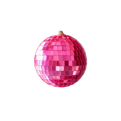 A shiny pink disco ball ornament displayed against a clean white background, evoking a fun and celebratory atmosphere.
