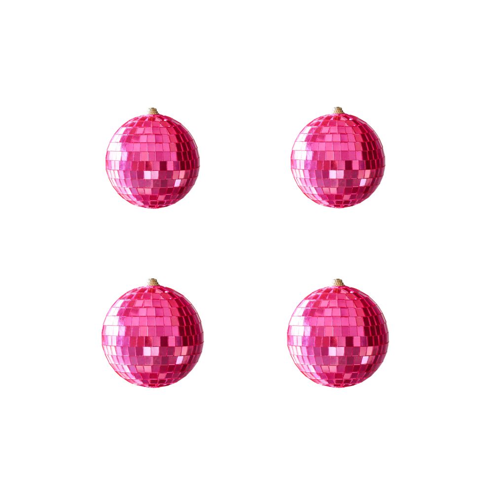  Four pink disco balls arranged on a white background, reflecting light and creating a vibrant, festive atmosphere.