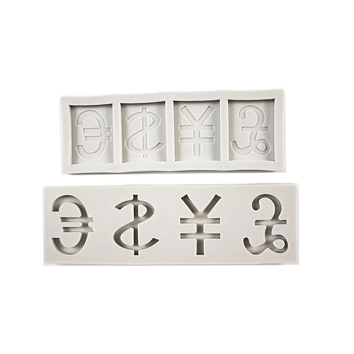 The image shows two silicone moulds designed for creating currency symbols. The top mould features five cavities shaped like the Euro (?), US Dollar ($), Chinese Yuan (¥), British Pound (£), and the Indian Rupee (?). The bottom mould contains another five cavities displaying the Euro (?), US Dollar ($), Chinese Yuan (¥), and two additional symbols. Both moulds are white and made of flexible silicone, suitable for baking or crafting.