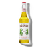 A bottle of Monin Agave Syrup stands against a black background. The label features green agave illustrations, and the liquid inside is golden yellow.