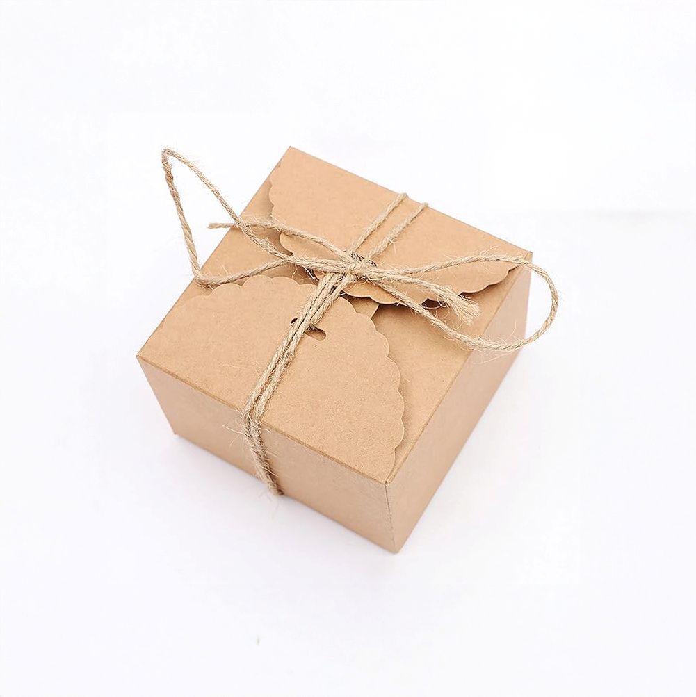 A small, brown cardboard box is neatly tied with rustic twine against a plain white background, conveying a simple, rustic charm and elegance.