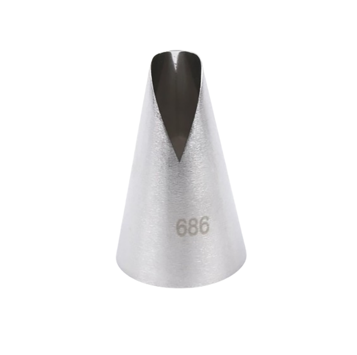 A metallic piping nozzle with a conical shape and a pointed opening at the tip. The nozzle is engraved with the number &quot;686&quot; on its side. The overall color is silver, indicating it is made of metal, likely stainless steel. The design is streamlined for ease of use in decorating baked goods.