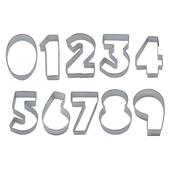 The image features a set of stainless steel cookie cutters in the shape of numbers. The numerals 0 through 9 are displayed in two rows. Each cutter has a simple, curved design and is made of shiny stainless steel, giving them a clean, metallic appearance. The numbers are arranged from left to right, beginning with 0, 1, 2, 3, 4 in the top row, and 5, 6, 7, 8, 9 in the bottom row.