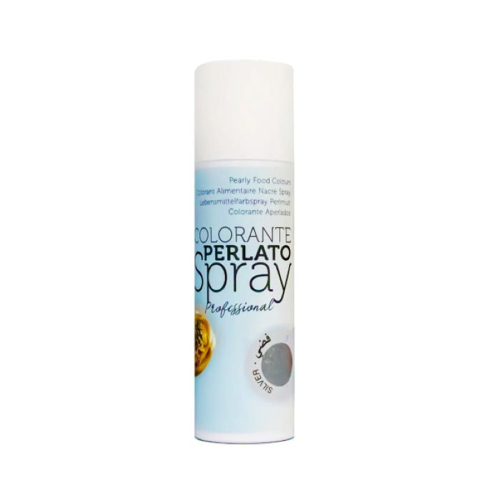 The image features a cylindrical spray canister labeled &quot;Colorante Perlatto Spray&quot; with the word &quot;Professional&quot; printed below it. The design includes a pale blue background with the text &quot;Pearly Food Colour&quot; in both English and other languages. A small circular label on the bottom right indicates the color &quot;Silver.&quot; The top of the canister is white and rounded.