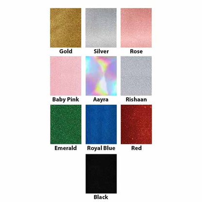 The image displays a selection of color swatches for a personalized golf birthday cake topper. The swatches include various colors such as Gold, Silver, Rose, Baby Pink, Aarya (a holographic effect), Rishaan (silver), Emerald, Royal Blue, Red, and Black, all arranged in a grid format. Each color is labeled for easy identification.