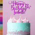 A birthday cake topped with a glittery cake topper that reads "Happy Birthday Isabelle 13th" in purple. The cake has a light blue frosting with pink and white meringue peaks on top, and is decorated with pink sugar pearls around the bottom. To the side, there are swatches of glitter in various colors. The background is a soft pink.