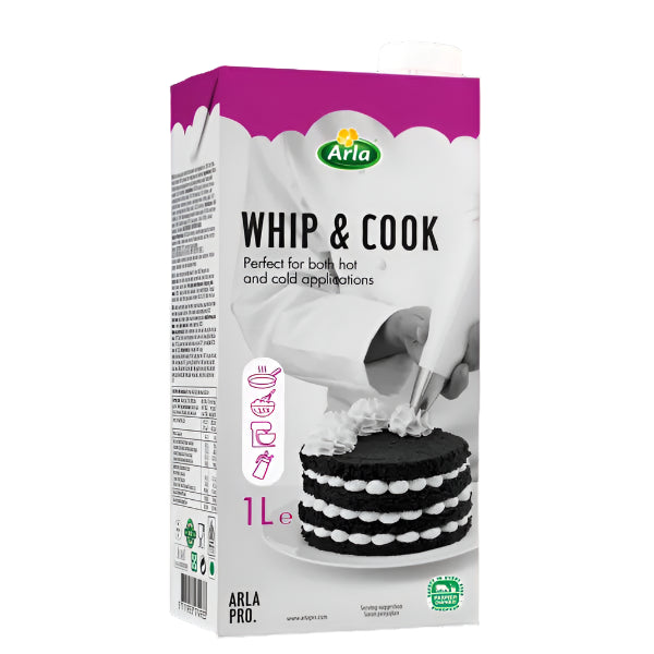 The image features a carton of Arla Pro Whip and Cook, labeled with "WHIP & COOK" and highlighting that it is suitable for both hot and cold applications. The carton is primarily white with a pink top, and includes illustrations of cooking utensils and a cake. The cake displayed is black with white cream decorations. The carton is labeled as 1 liter.
