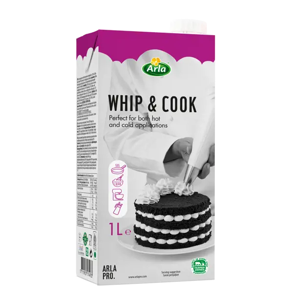 The image features a carton of Arla Pro Whip and Cook, labeled with &quot;WHIP &amp; COOK&quot; and highlighting that it is suitable for both hot and cold applications. The carton is primarily white with a pink top, and includes illustrations of cooking utensils and a cake. The cake displayed is black with white cream decorations. The carton is labeled as 1 liter.