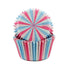 A stack of two cupcake liners, the lower one featuring vertical stripes in pink and blue, and the upper one showing a swirl design with alternating pink and blue sections. The liners are pleated and designed for baking cupcakes.